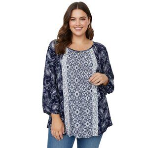 Siren Lily Paisley Balloon Sleeve Lace and Gold Button Accent Blouse Size 2X